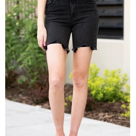 Kancan Women's High Rise Bermuda Shorts Black Distressed Stretch Size 9 - Picture 6 of 6